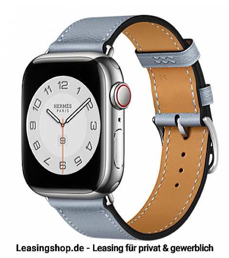 Apple Watch Hermes Series 7 GPS + Cellular leasen, 41 mm oder 45 mm Edelstahlgehäuse Silber, Single Tour Swift-Lederarmband Bleu Lin